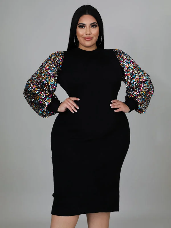 Blue Zone Planet |  Plus Size Ladies Solid Color Sequin Puff Sleeve Dress