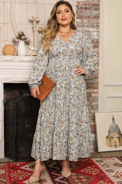 Blue Zone Planet |  Plus Size Printed Balloon Sleeve Ruffle Hem Dress