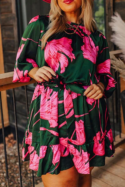 Blue Zone Planet |  Plus Size Printed Lantern Sleeve Ruffle Hem Dress