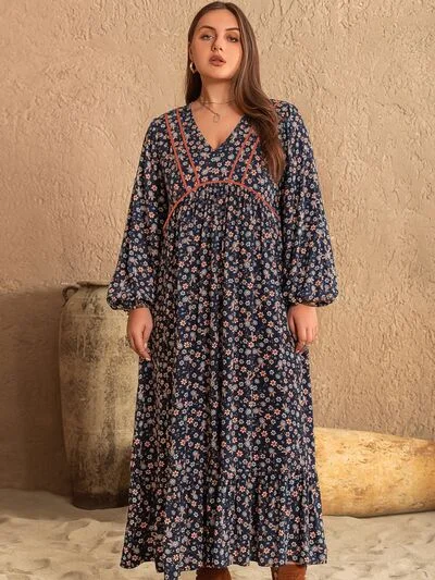 Blue Zone Planet |  Plus Size Printed V-Neck Balloon Sleeve Dress