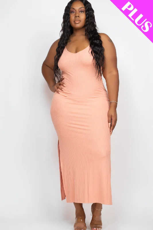 Ribbed Long Cami Dress with Side Slits, designed for plus sizes