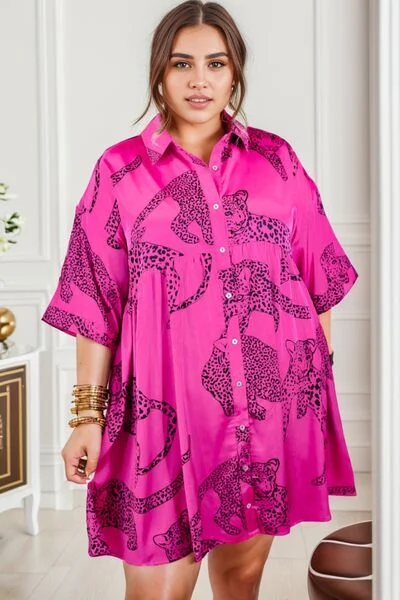 Blue Zone Planet |  Plus Size Tiger Printed Button Up Half Sleeve Dress