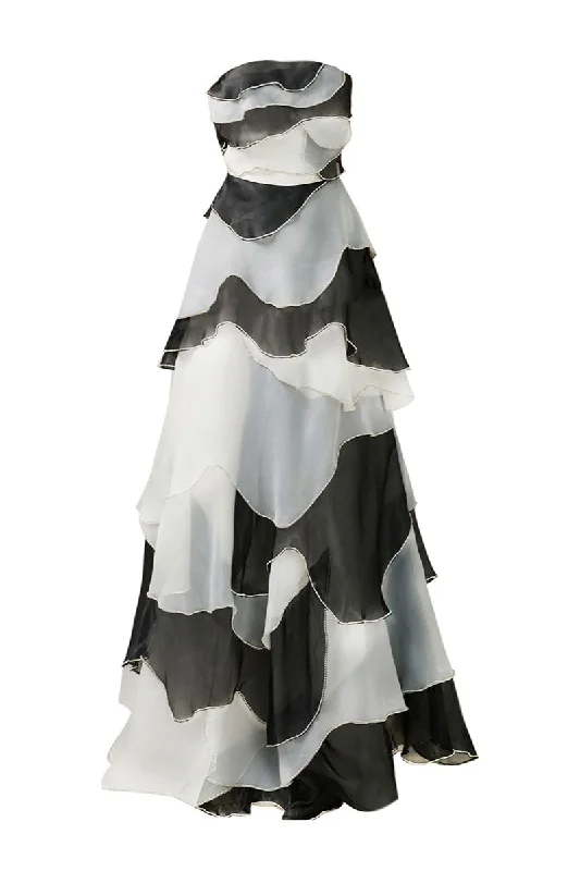 STRAPLESS BLACK AND GRAY FLOOR LENGTH DRESS