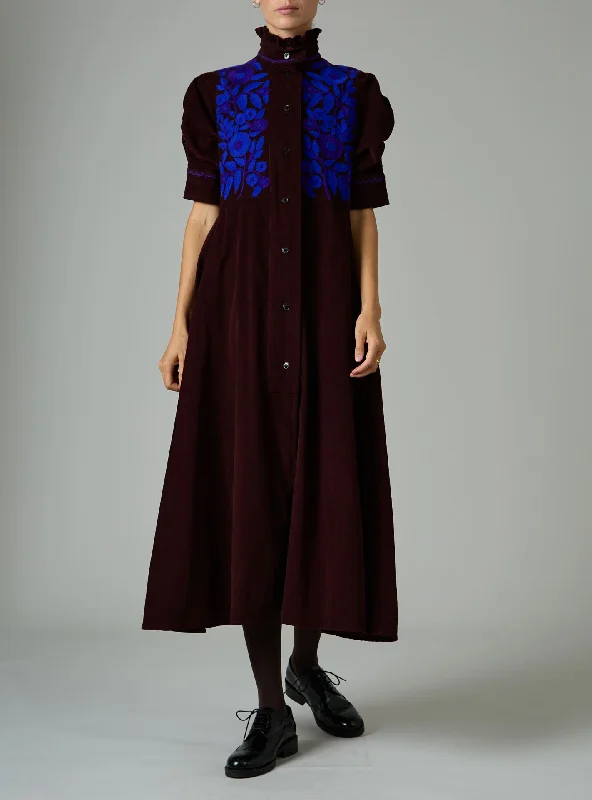 Venetia Dress - Balkanic Embroidery - Chocolate / Cobalt & Purple