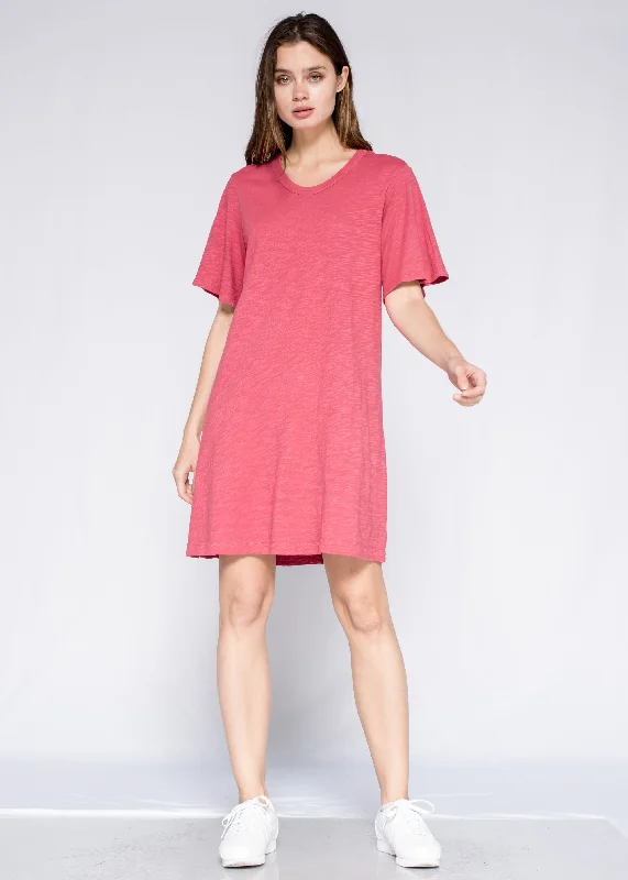 Crew Neck Flutter Elbow Sleeve Trapeze Tee Dress