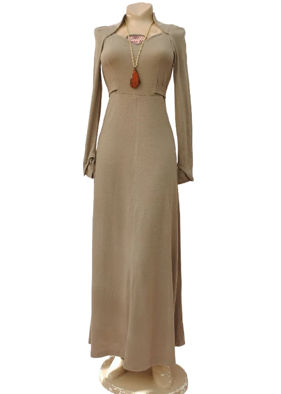 1970s Mushroom Beige Maxi Dress Classic Solid Maxi Dress