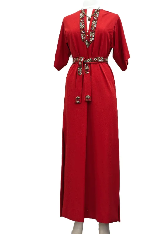 1970s Vintage Red Hostess Kaftan Maxi Dress • With Belt Comfortable Pleated Maxi Dress 1970s Vintage Red Hostess Kaftan Maxi Dress • With Belt Comfortable Pleated Maxi Dress