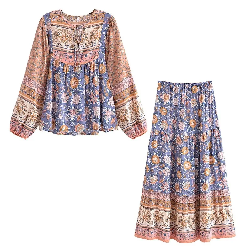 Zjkrl - 2023 Two Pieces Dress Sets Flower Shirt and Skirts Boho Matching Sets Fashion Mujer Maxi Dress Printing Ensemble Femme 2 Pièces Comfortable Fitted Maxi Dress