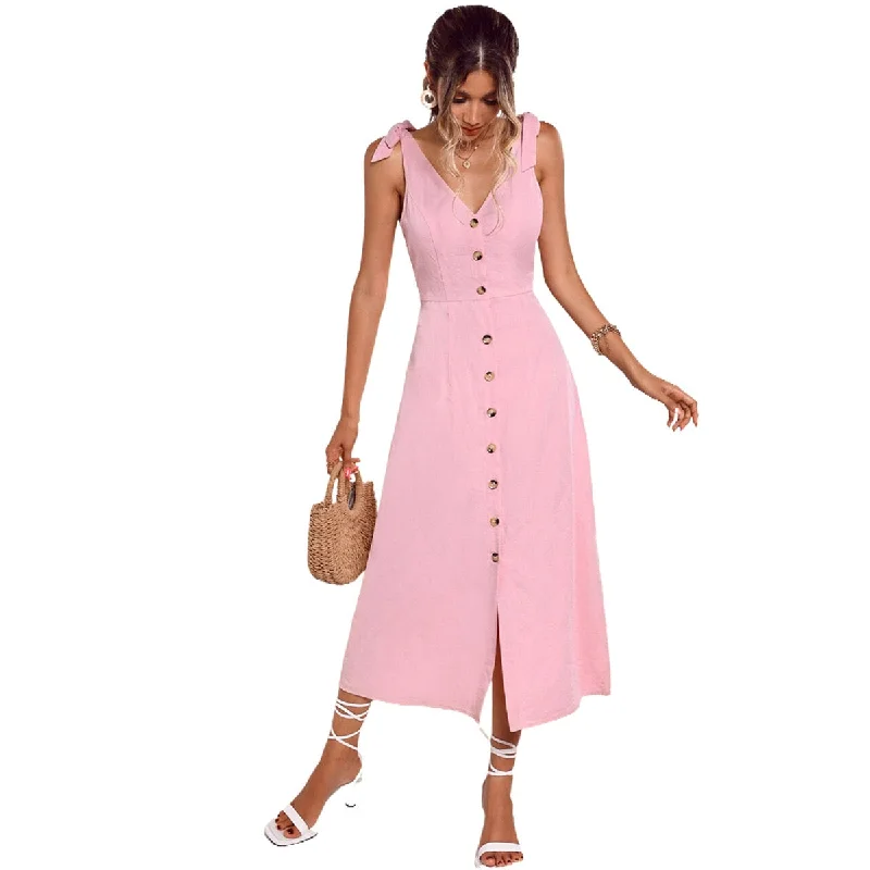 Zjkrl - 2023 Women Casual Suspender Maxi Dress V-neck Solid Color Elegant Pink Dress Tie Up Button Down Midi Dress Mujer Split Dresses Stylish Long Sleeve Maxi Dress