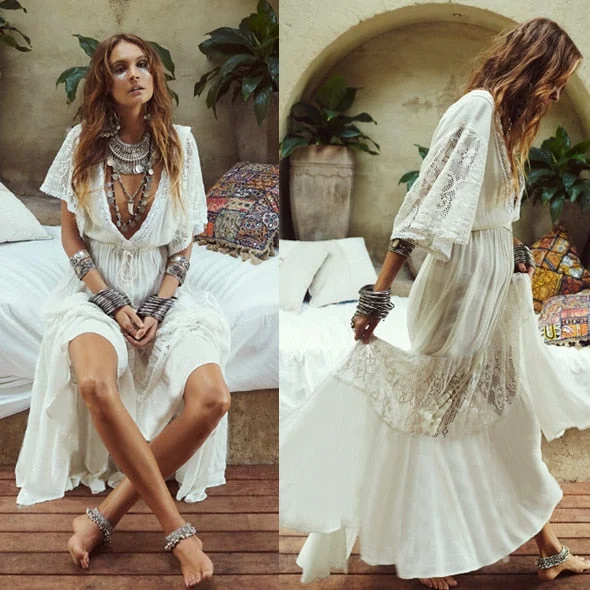 Zjkrl - 2023 Women's New Cotton Lace Dress Beach Style Sweet Summer Maxi Dress Solid V-neck Ankle Length Holiday Dress Ethnic Boho Dress Elegant Velvet Maxi Dress Zjkrl - 2023 Women's New Cotton Lace Dress Beach Style Sweet Summer Maxi Dress Solid V-neck Ankle Length Holiday Dress Ethnic Boho Dress Elegant Velvet Maxi Dress