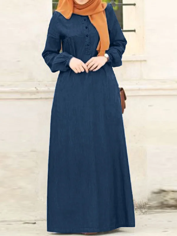 Women Solid Denim Button Down Elastic Cuffs Kaftan Loose Maxi Dresses Chic Summer Floral Maxi Dress Women Solid Denim Button Down Elastic Cuffs Kaftan Loose Maxi Dresses Chic Summer Floral Maxi Dress