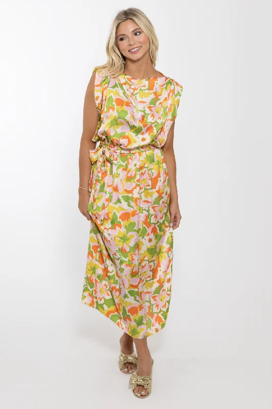 Abstract Floral Satin Maxi Dress Comfortable Fitted Maxi Dress