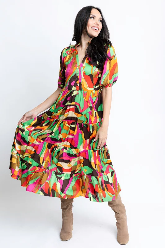 Abstract Satin Tier Maxi Dress Elegant Maxi Dress with Ruffles