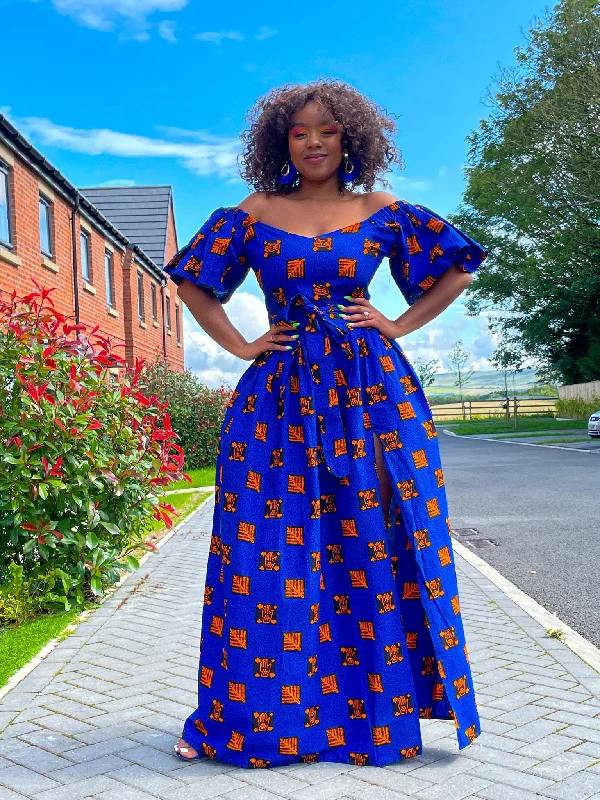 Acacia Blue African Print Maxi Dress Comfortable Maxi Dress with Belt