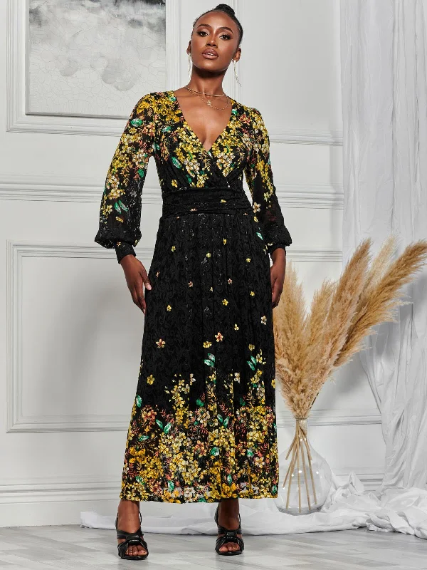 Amica Symmetrical Print Lace Maxi Dress, Yellow Floral Stylish Maxi Dress with Pleats
