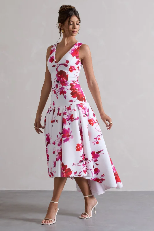 Amoret | Pink Floral Print Plunge-Neck Maxi Dress With Volume Hem Comfortable T-Shirt Maxi Dress Amoret | Pink Floral Print Plunge-Neck Maxi Dress With Volume Hem Comfortable T-Shirt Maxi Dress