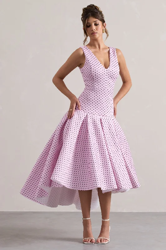 Amoret | Pink Polka Dot Plunge-Neck Maxi Dress With Volume Hem Chic Off-Shoulder Maxi Dress Amoret | Pink Polka Dot Plunge-Neck Maxi Dress With Volume Hem Chic Off-Shoulder Maxi Dress