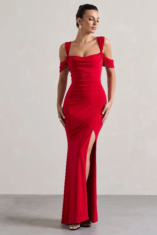 Amoura | Red Square-Neck Draped Wrap Maxi Dress Comfortable Pleated Maxi Dress