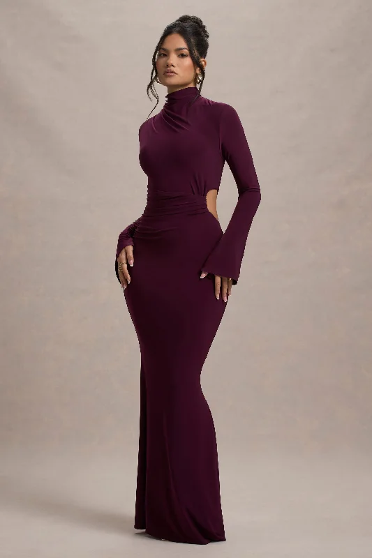 Anderson | Burgundy High-Neck Cut-Out Maxi Dress Trendy Off-Shoulder Ruffle Maxi Dress