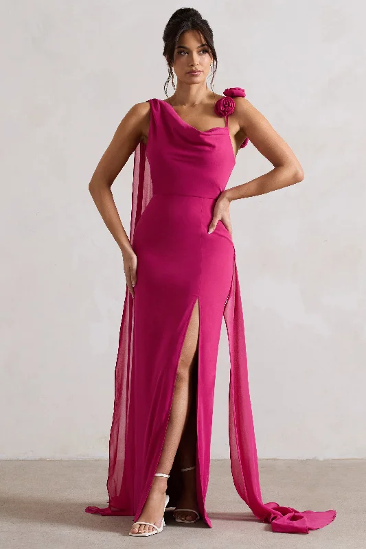 Angeline | Dark Pink Chiffon Draped Split Maxi Dress With Corsages Trendy Satin Maxi Dress Angeline | Dark Pink Chiffon Draped Split Maxi Dress With Corsages Trendy Satin Maxi Dress