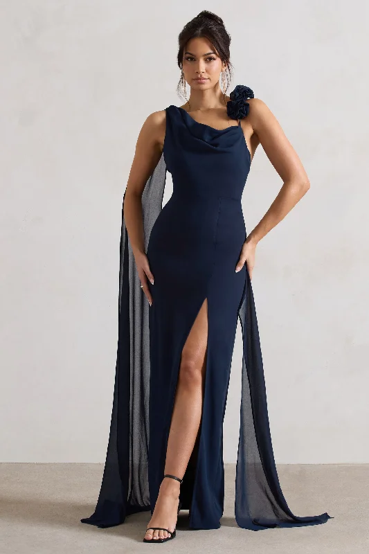 Angeline | Navy Chiffon Draped Split Maxi Dress With Corsages Comfortable Fit-and-Flare Maxi Dress Angeline | Navy Chiffon Draped Split Maxi Dress With Corsages Comfortable Fit-and-Flare Maxi Dress