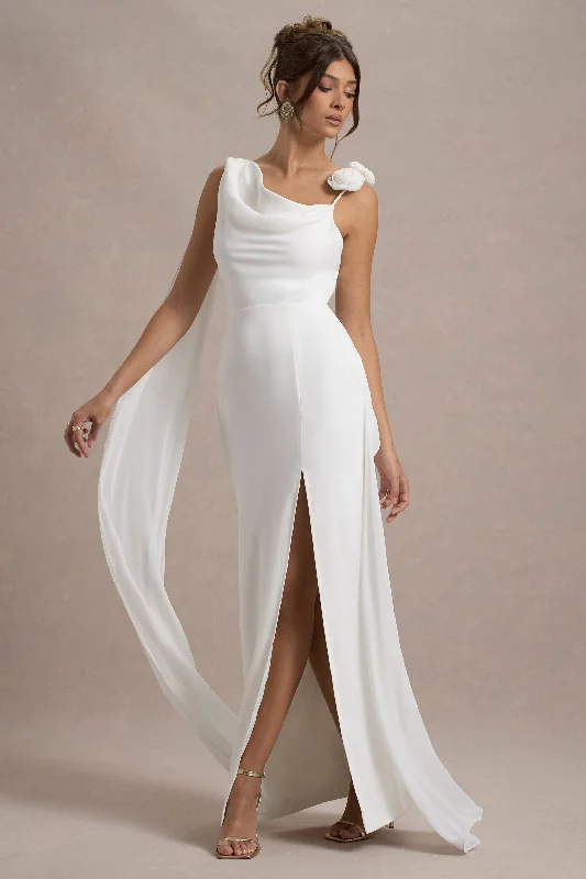 Angeline | White Chiffon Draped Split Maxi Dress With Corsages Fashionable Faux Wrap Maxi Dress Angeline | White Chiffon Draped Split Maxi Dress With Corsages Fashionable Faux Wrap Maxi Dress