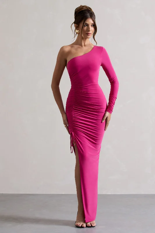 Anima | Dark Pink Asymmetric Ruched One-Sleeve Maxi Dress Cozy Maxi Dress with Slit