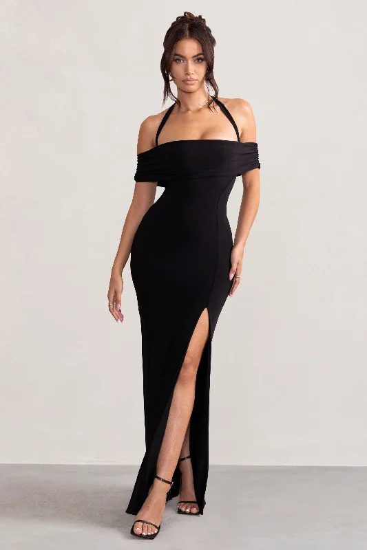 Anisa | Black Halter Neck Bardot Maxi Dress With Thigh Split Elegant Sleeveless Maxi Dress Anisa | Black Halter Neck Bardot Maxi Dress With Thigh Split Elegant Sleeveless Maxi Dress