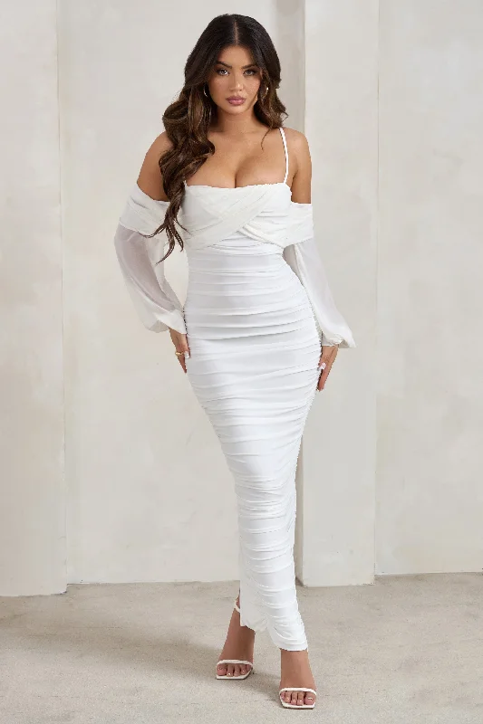 Announcement | White Bardot Mesh Ruched Maxi Dress Comfortable Maxi Dress with Belt