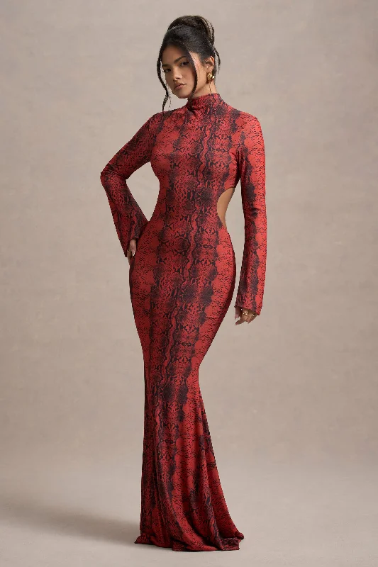 Arabia | Red Snake Print High-Neck Cut-Out Maxi Dress Elegant Lace-Up Maxi Dress