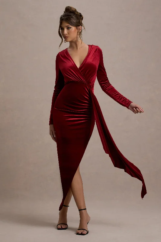 Arcadia | Berry Velvet Plunge-Neck Wrap Maxi Dress Trendy Maxi Dress with Belt