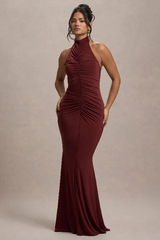 Arietta | Port High-Neck Ruched Fishtail Maxi Dress Elegant Floral Maxi Dress