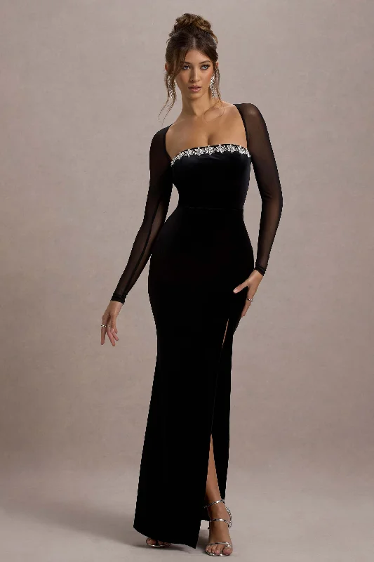 Ashby | Black Velvet Embellished Square-Neck Split Maxi Dress Chic Boho Print Maxi Dress Ashby | Black Velvet Embellished Square-Neck Split Maxi Dress Chic Boho Print Maxi Dress