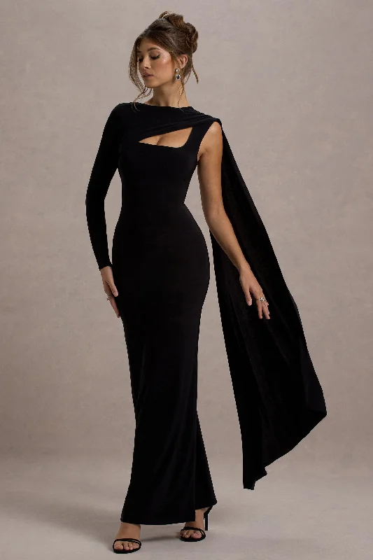 Ashini | Black One-Sleeve Maxi Dress With Cape Stylish A-Line Maxi Dress