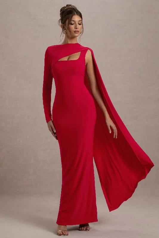 Ashini | Red One-Sleeve Maxi Dress With Cape Cozy Ribbed Maxi Dress