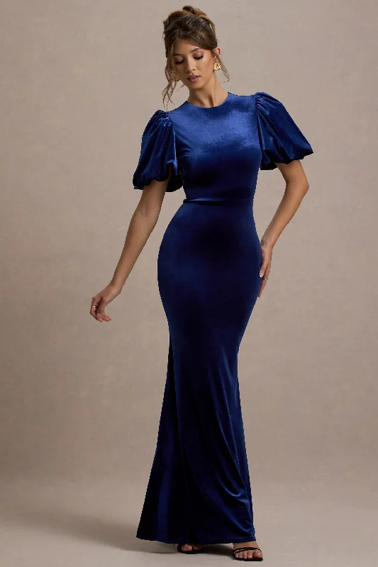 Ashlin | Navy Velvet Puff-Sleeve Maxi Dress Trendy Button Front Maxi Dress