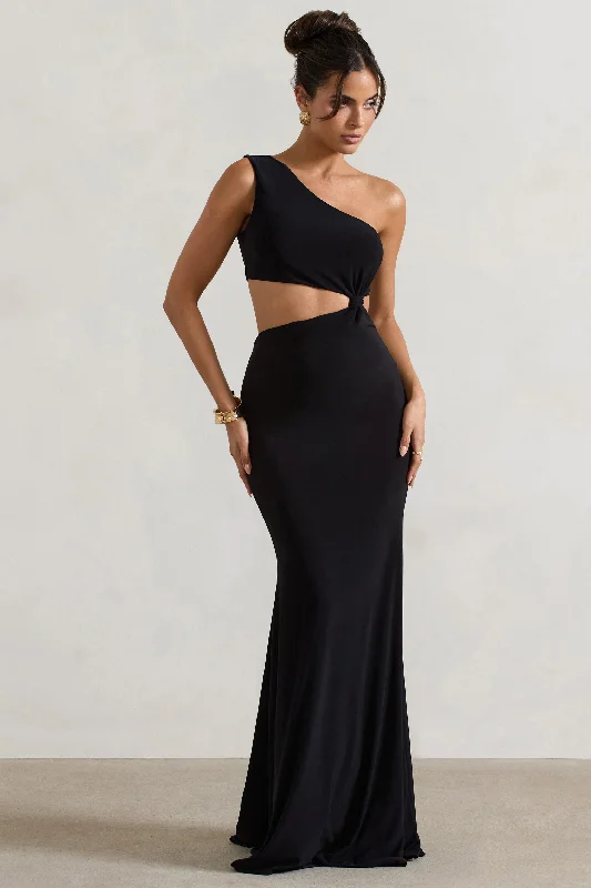 Aspyn | Black Asymmetric Twisted Cut-Out Fishtail Maxi Dress Cozy Maxi Dress with Slit Aspyn | Black Asymmetric Twisted Cut-Out Fishtail Maxi Dress Cozy Maxi Dress with Slit