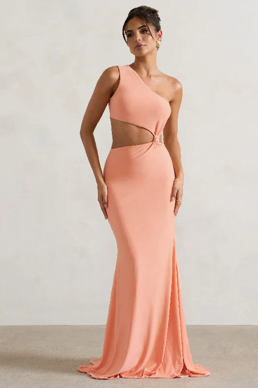 Aspyn | Coral Asymmetric Twisted Cut-Out Fishtail Maxi Dress Elegant Maxi Dress with Lace Aspyn | Coral Asymmetric Twisted Cut-Out Fishtail Maxi Dress Elegant Maxi Dress with Lace