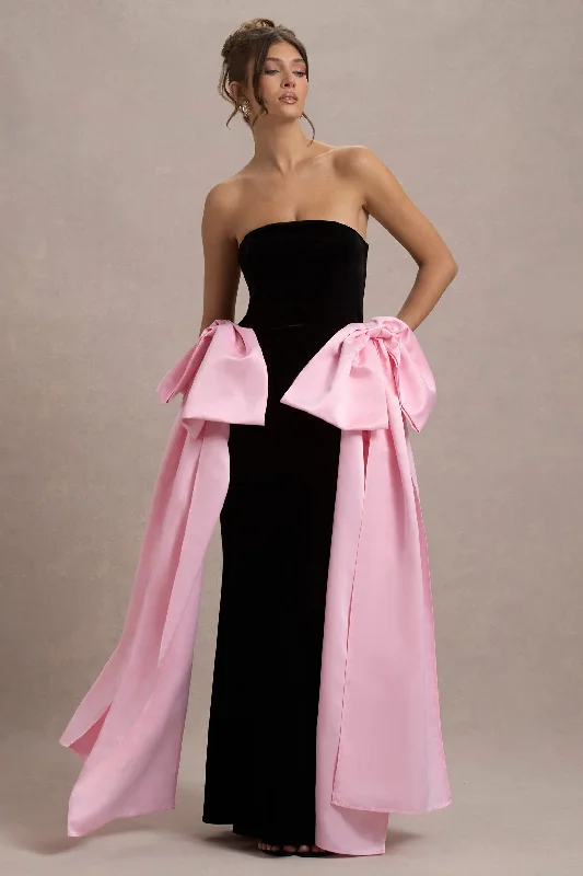 Attention | Black Strapless Maxi Dress With Pink Satin Bows Trendy Maxi Dress with Bow