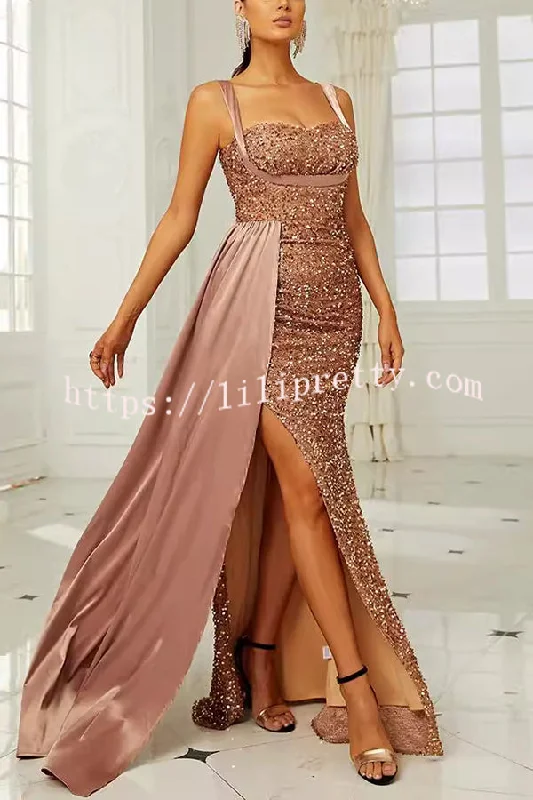 Banquet Sequined Backless Strappy Fishtail Maxi Dress Trendy A-Line Maxi Dress