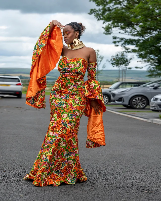 Bonnie Ankara Maxi Dress | Orange African Print Elegant Velvet Maxi Dress