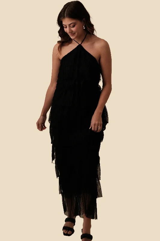 Bria Pleated Tulle Halter Maxi Dress (Black) Classic Black Maxi Dress