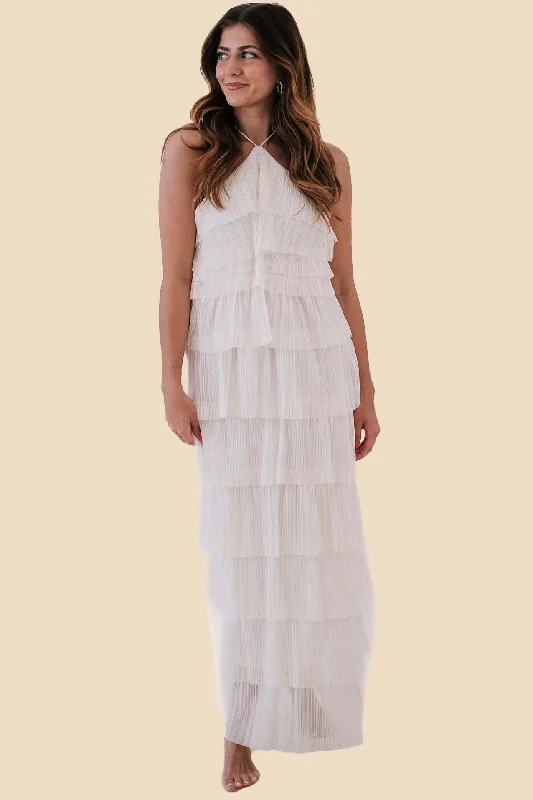 Bria Pleated Tulle Halter Maxi Dress (Cream) Comfortable Ruffle Maxi Dress