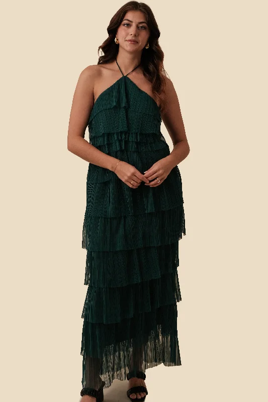 Bria Pleated Tulle Halter Maxi Dress (Green) Fashionable Sleeveless Maxi Dress