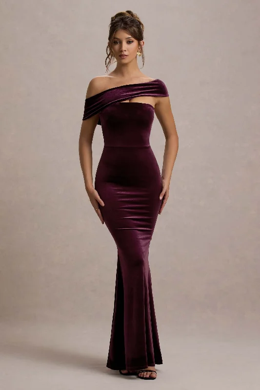 Candela | Port Velvet Asymmetric Bardot Maxi Dress Chic Off-Shoulder Maxi Dress