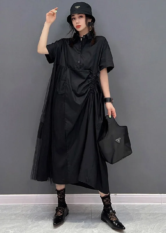 Chic Black Peter Pan Collar Cinched Button Tulle Patchwork Maxi Dresses Short Sleeve Cozy Maxi Dress with Slit