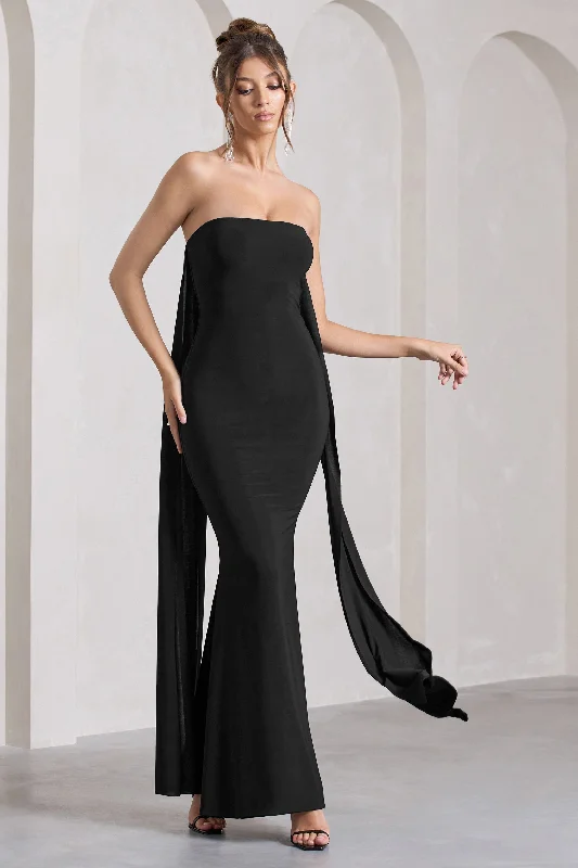 Christina | Black Bandeau Sleeveless Maxi Dress With Cape Fashionable Off-Shoulder Maxi Dress