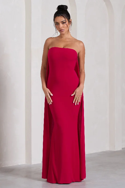 Christina | Red Bandeau Sleeveless Maxi Dress With Cape Elegant Maxi Dress with Lace