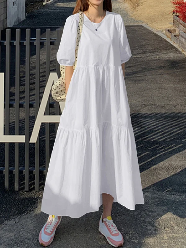 Women Cotton Solid Color Puff Sleeve Pleated Simple Maxi Dresses With Pocket Trendy Printed Maxi Dress Women Cotton Solid Color Puff Sleeve Pleated Simple Maxi Dresses With Pocket Trendy Printed Maxi Dress