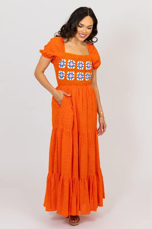 Crochet Trim Puff Sleeve Maxi Dress Cozy Knitted Maxi Dress